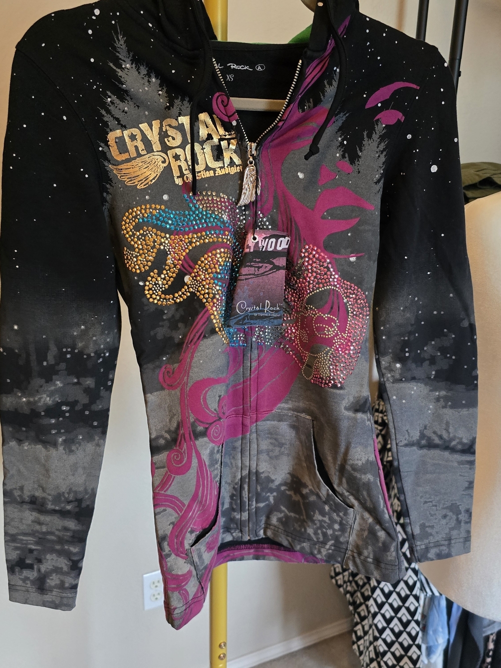 Christian Audigier Crystal Rock Black Gray Hoodie with Pink and Gold Accents